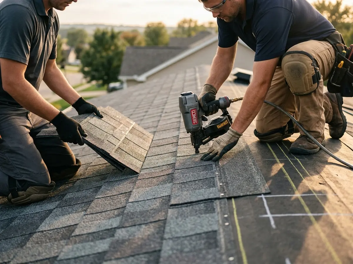 Professional roofer working on a residential roof in Florida Gulf Coast University